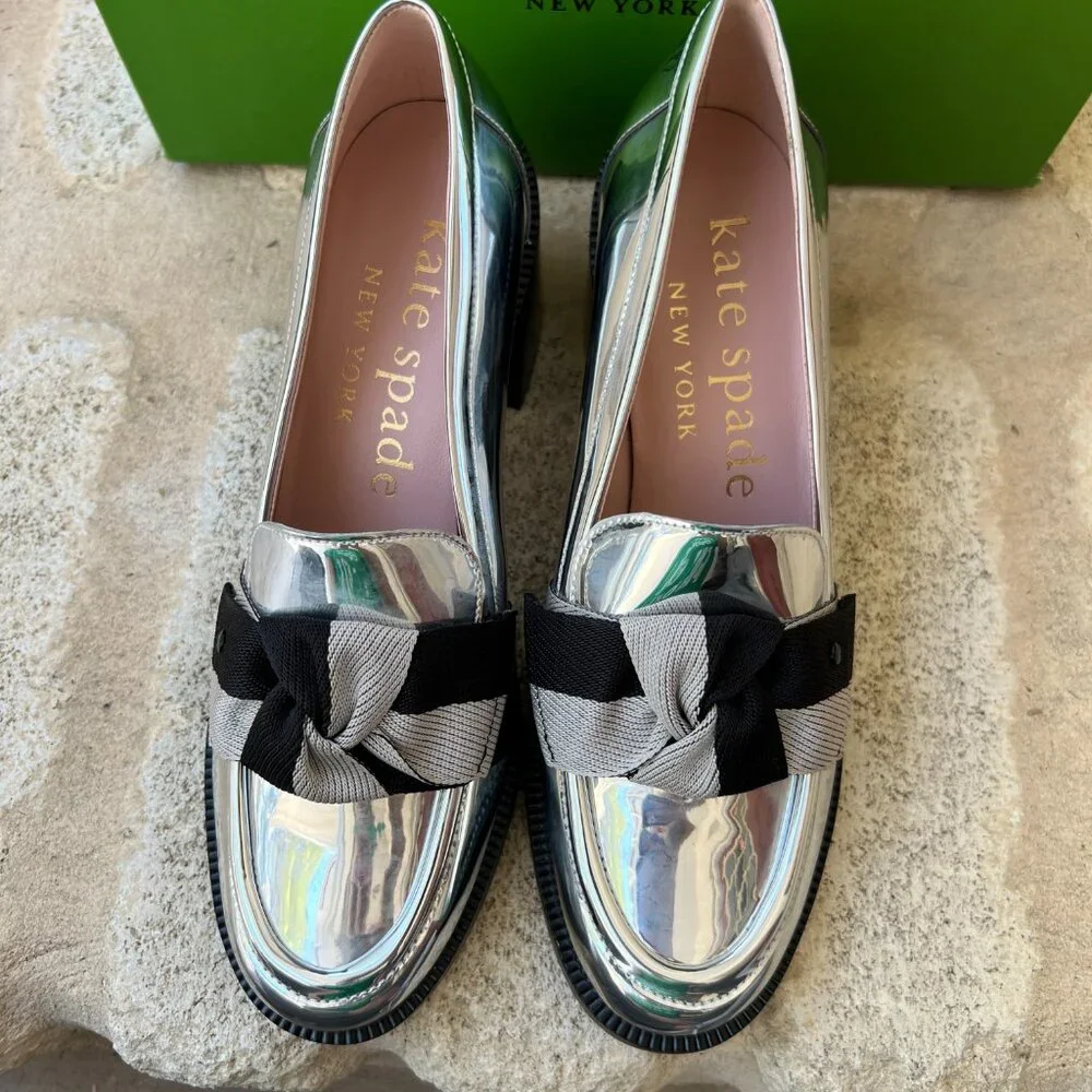 Kate Spade Leandra Heel Loafers Silver Mirror 8 M NEW NWT - Picture 8 of 10